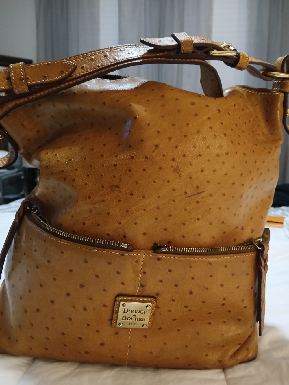 Dooney & Bourke Tan Ostrich-Embossed Leather Hobo Bag